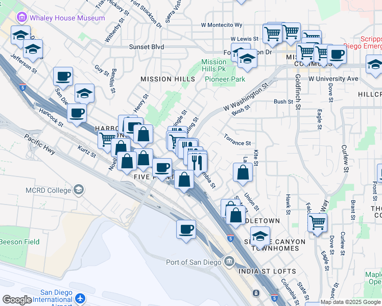 map of restaurants, bars, coffee shops, grocery stores, and more near 3719 Columbia Street in San Diego