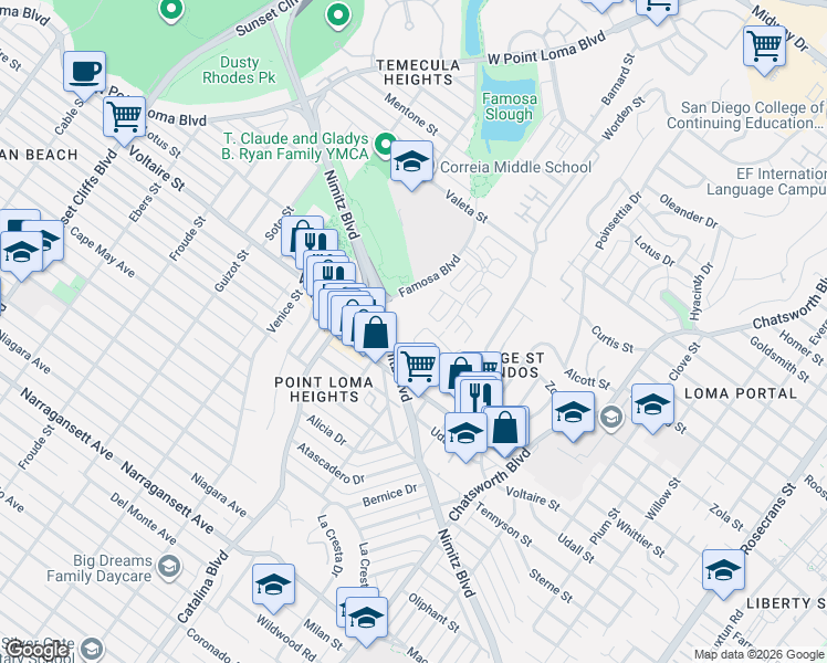map of restaurants, bars, coffee shops, grocery stores, and more near 15 Caminito Pescado in San Diego
