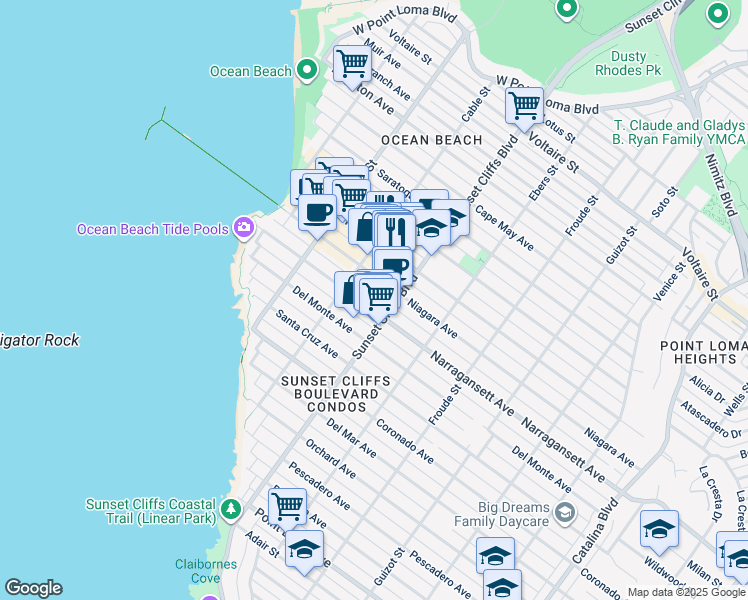 map of restaurants, bars, coffee shops, grocery stores, and more near 1822 Sunset Cliffs Boulevard in San Diego