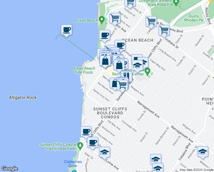 map of restaurants, bars, coffee shops, grocery stores, and more near 4921 Del Monte Avenue in San Diego