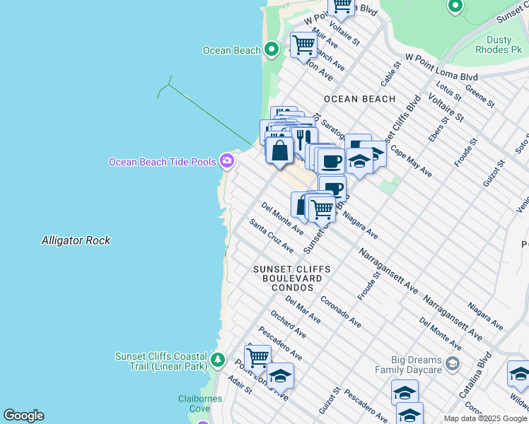 map of restaurants, bars, coffee shops, grocery stores, and more near 4982 Santa Cruz Avenue in San Diego