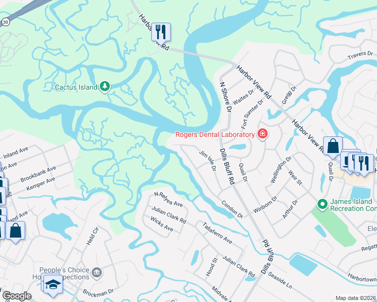 map of restaurants, bars, coffee shops, grocery stores, and more near 742 Condon Drive in Charleston