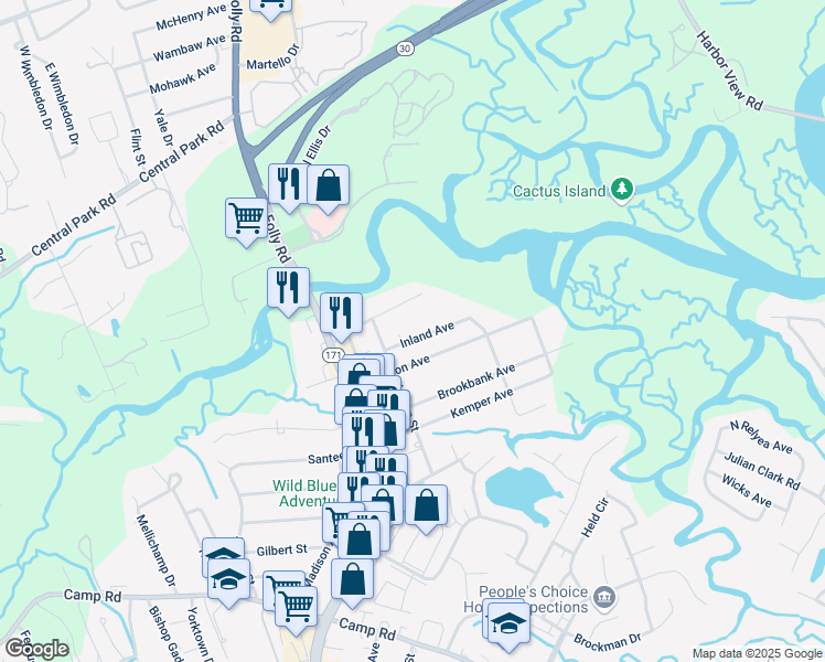 map of restaurants, bars, coffee shops, grocery stores, and more near 1535 Inland Avenue in Charleston