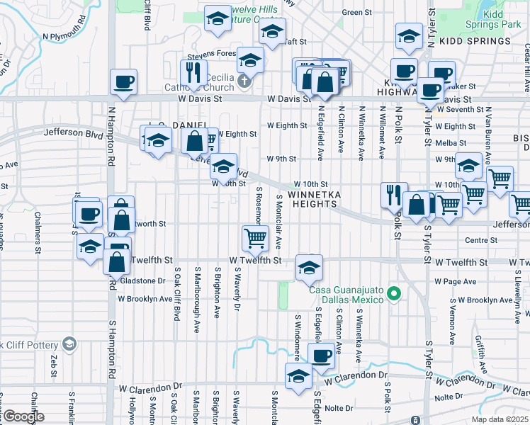 map of restaurants, bars, coffee shops, grocery stores, and more near 218 South Rosemont Avenue in Dallas