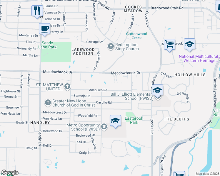 map of restaurants, bars, coffee shops, grocery stores, and more near 7729 Acapulco Road in Fort Worth