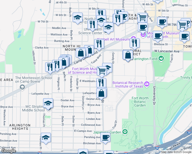 map of restaurants, bars, coffee shops, grocery stores, and more near 3612 East Washburn Avenue in Fort Worth