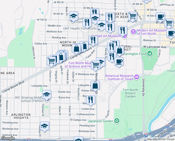 map of restaurants, bars, coffee shops, grocery stores, and more near 3612 East Washburn Avenue in Fort Worth