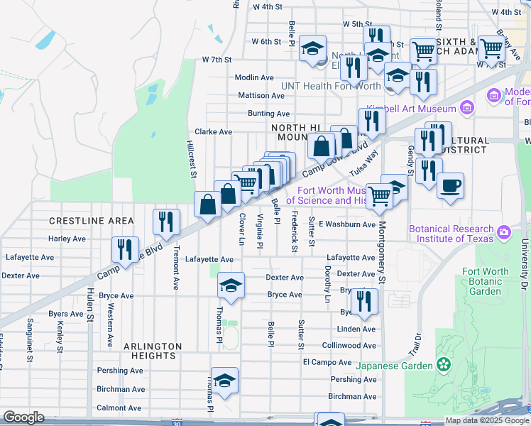 map of restaurants, bars, coffee shops, grocery stores, and more near 1613 Virginia Place in Fort Worth