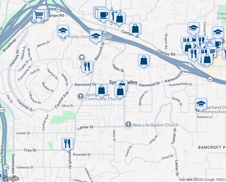 map of restaurants, bars, coffee shops, grocery stores, and more near 9209 Kenwood Drive in Spring Valley