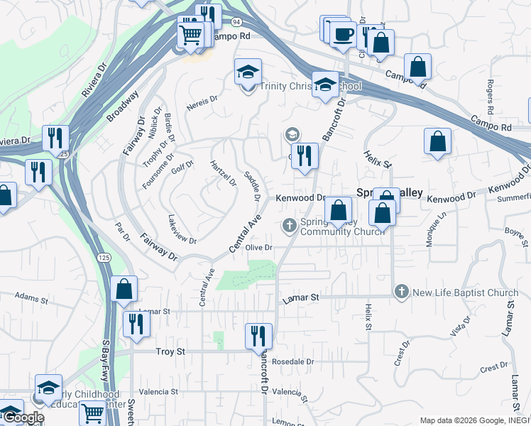 map of restaurants, bars, coffee shops, grocery stores, and more near 8906 Switzer Drive in Spring Valley