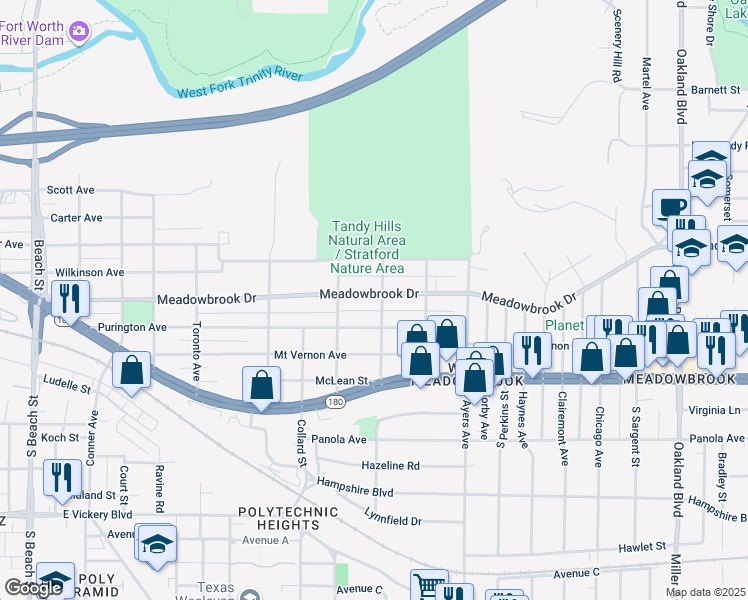map of restaurants, bars, coffee shops, grocery stores, and more near 3432 Meadowbrook Drive in Fort Worth