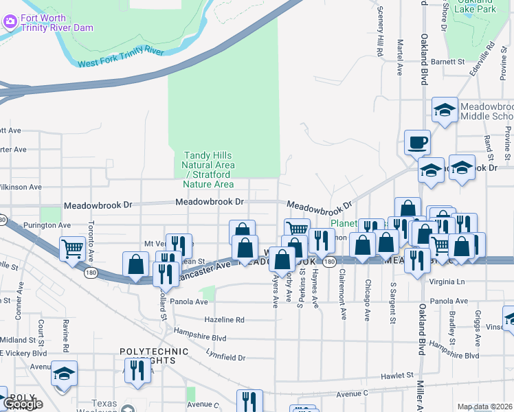 map of restaurants, bars, coffee shops, grocery stores, and more near 3608 Meadowbrook Drive in Fort Worth