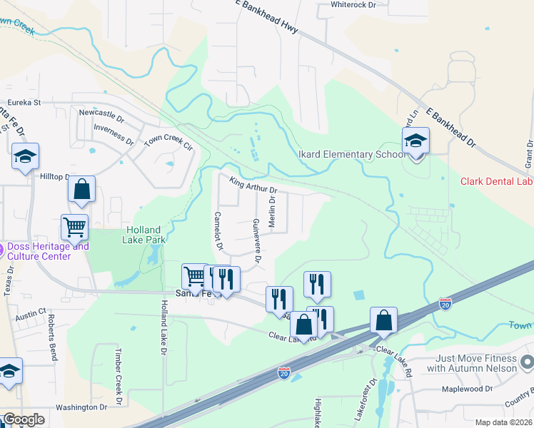 map of restaurants, bars, coffee shops, grocery stores, and more near 217 Merlin Drive in Weatherford