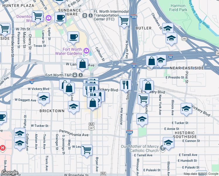 map of restaurants, bars, coffee shops, grocery stores, and more near 237 Industrial Avenue in Fort Worth