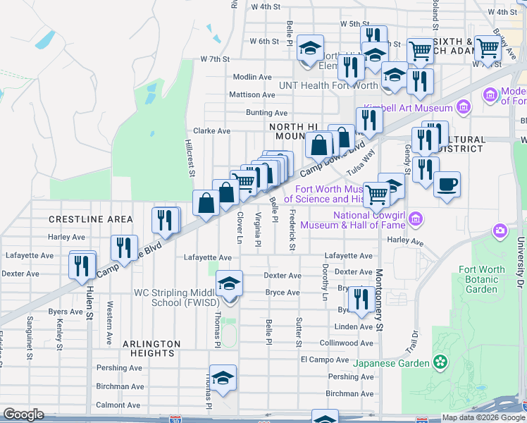 map of restaurants, bars, coffee shops, grocery stores, and more near 1613 Virginia Place in Fort Worth