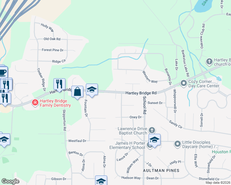 map of restaurants, bars, coffee shops, grocery stores, and more near 3904 Hartley Bridge Road in Macon