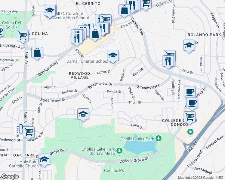 map of restaurants, bars, coffee shops, grocery stores, and more near 5994 Dwight Street in San Diego