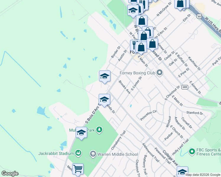 map of restaurants, bars, coffee shops, grocery stores, and more near 515 South Bois D Arc Street in Forney
