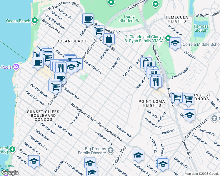 map of restaurants, bars, coffee shops, grocery stores, and more near 4530 Saratoga Avenue in San Diego