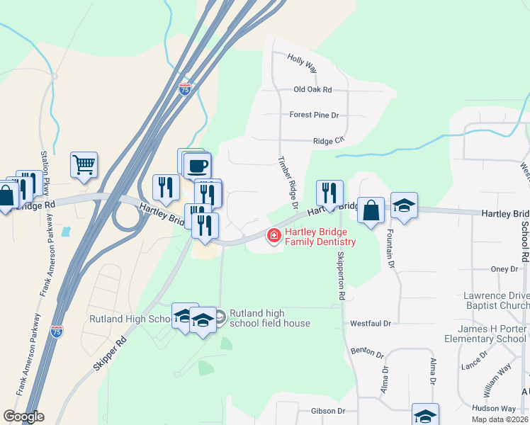 map of restaurants, bars, coffee shops, grocery stores, and more near 221 Pendleton Court in Macon