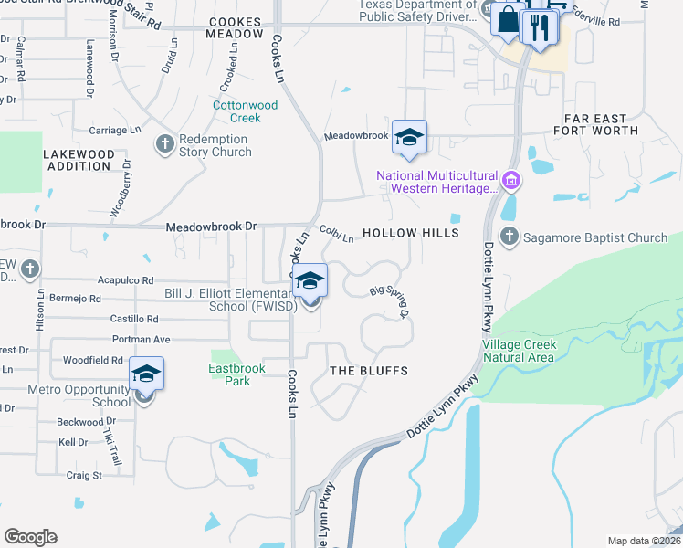 map of restaurants, bars, coffee shops, grocery stores, and more near 2408 Big Spring Drive in Fort Worth