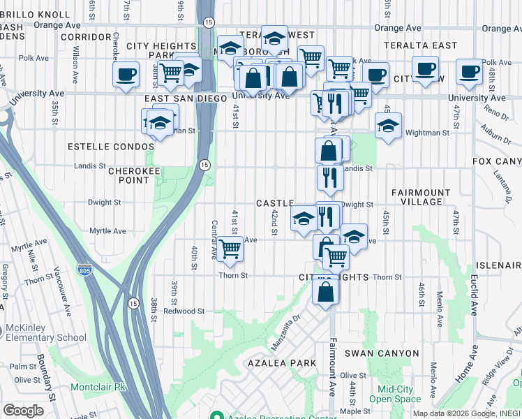 map of restaurants, bars, coffee shops, grocery stores, and more near 3570 42nd Street in San Diego