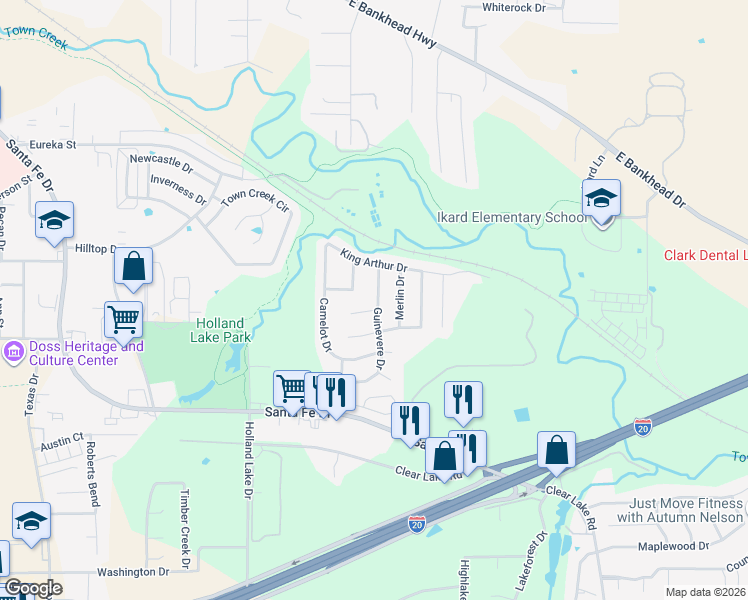 map of restaurants, bars, coffee shops, grocery stores, and more near 102 Guinevere Drive in Weatherford