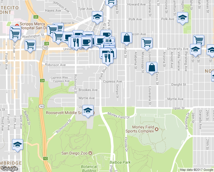 map of restaurants, bars, coffee shops, grocery stores, and more near 3611 Park Boulevard in San Diego