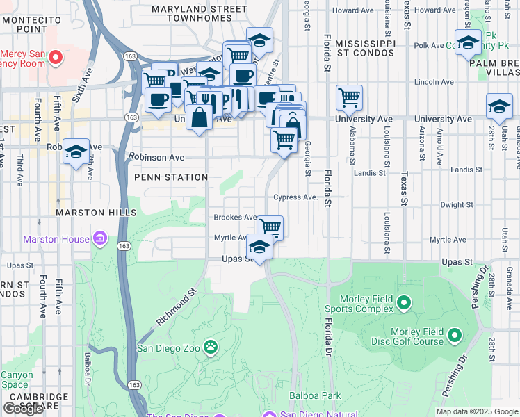 map of restaurants, bars, coffee shops, grocery stores, and more near 1624 Brookes Avenue in San Diego