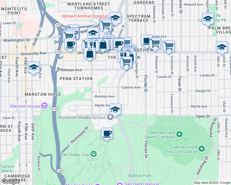 map of restaurants, bars, coffee shops, grocery stores, and more near 3620 Park Boulevard in San Diego