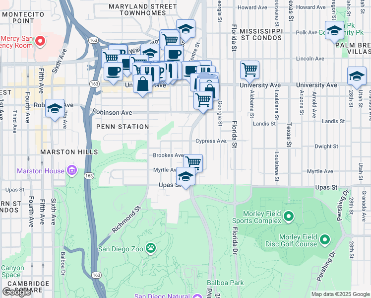 map of restaurants, bars, coffee shops, grocery stores, and more near 3620 Park Boulevard in San Diego