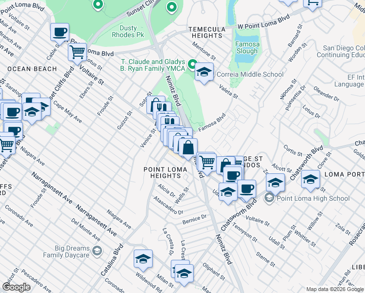 map of restaurants, bars, coffee shops, grocery stores, and more near 4141 Whittier Street in San Diego