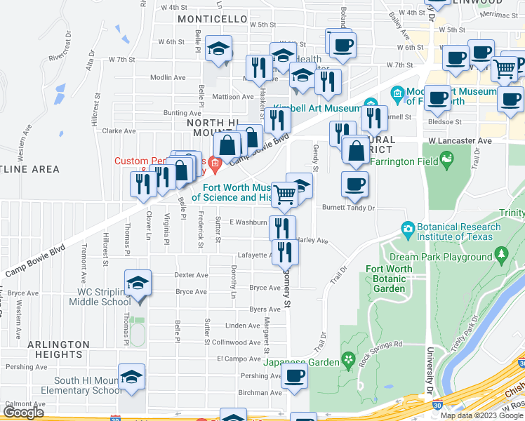 map of restaurants, bars, coffee shops, grocery stores, and more near 3612 East Washburn Avenue in Fort Worth