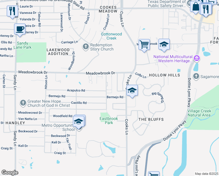 map of restaurants, bars, coffee shops, grocery stores, and more near 2336 Meadowbrook Gardens Drive in Fort Worth