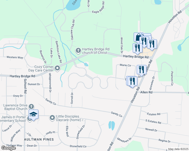 map of restaurants, bars, coffee shops, grocery stores, and more near 3291 Bridgewood Drive in Macon