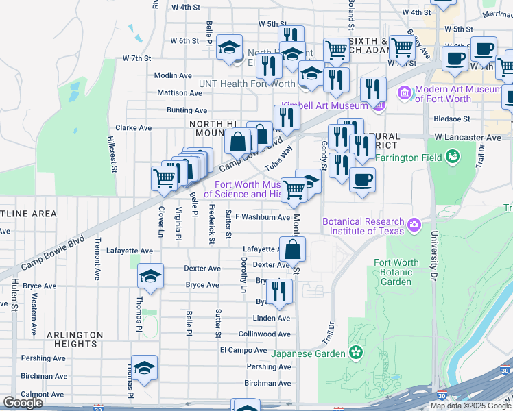 map of restaurants, bars, coffee shops, grocery stores, and more near 3700 Washburn Avenue in Fort Worth