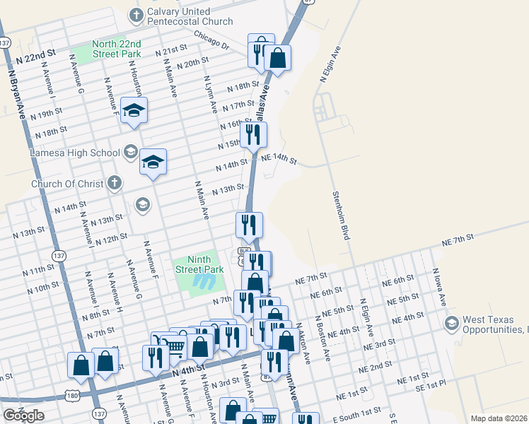 map of restaurants, bars, coffee shops, grocery stores, and more near 1213 North Lynn Avenue in Lamesa