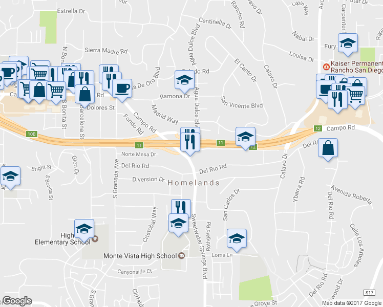 map of restaurants, bars, coffee shops, grocery stores, and more near 10255 Campo Rd in Spring Valley