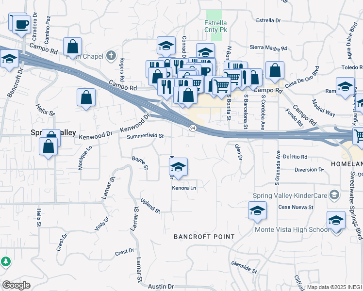 map of restaurants, bars, coffee shops, grocery stores, and more near 3541 Kenora Drive in Spring Valley