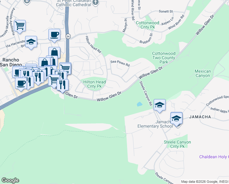 map of restaurants, bars, coffee shops, grocery stores, and more near 1697 Emerald Point Court in El Cajon