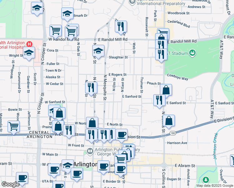 map of restaurants, bars, coffee shops, grocery stores, and more near 509 North Elm Street in Arlington