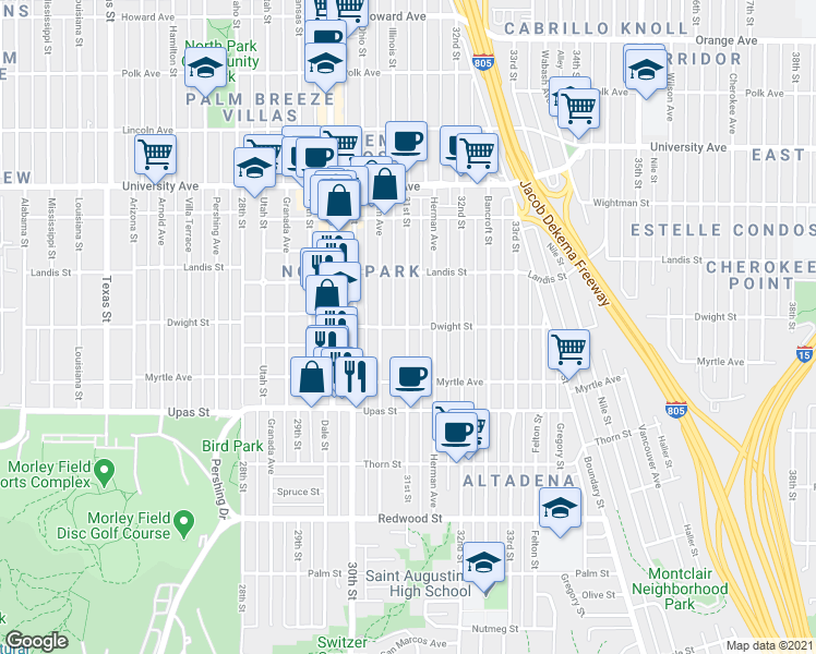 map of restaurants, bars, coffee shops, grocery stores, and more near Dwight St & 31st St in San Diego