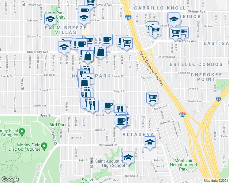 map of restaurants, bars, coffee shops, grocery stores, and more near Dwight Street & Herman Avenue in San Diego