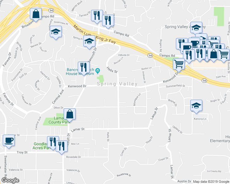 map of restaurants, bars, coffee shops, grocery stores, and more near 3423 Helix Street in Spring Valley