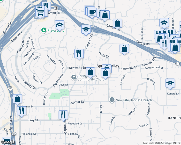 map of restaurants, bars, coffee shops, grocery stores, and more near 9109 Kenwood Drive in Spring Valley