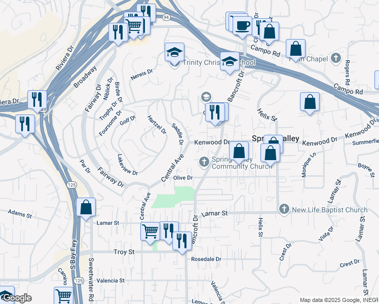 map of restaurants, bars, coffee shops, grocery stores, and more near 8906 Switzer Drive in Spring Valley