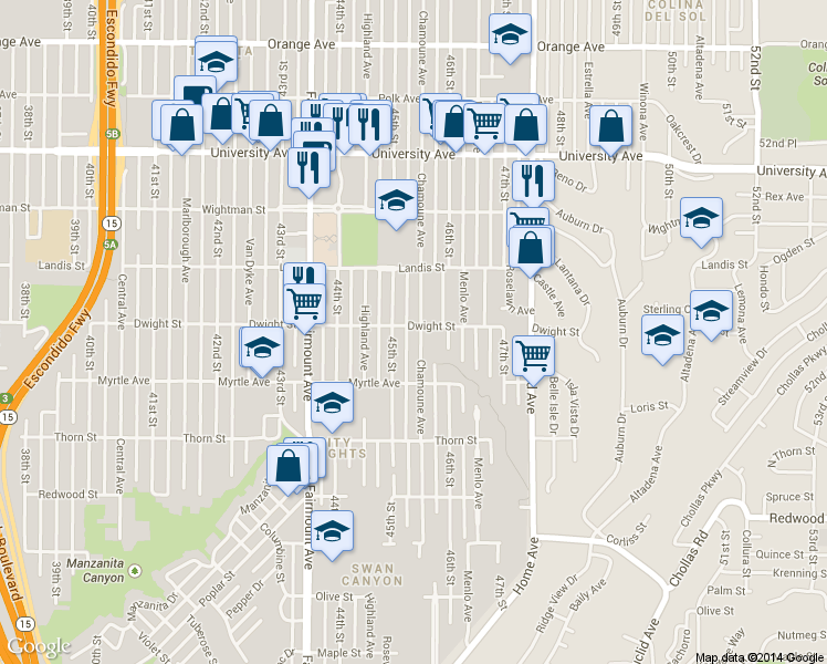 map of restaurants, bars, coffee shops, grocery stores, and more near 3575 45th Street in San Diego