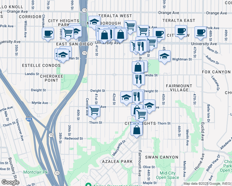 map of restaurants, bars, coffee shops, grocery stores, and more near 3570 42nd Street in San Diego