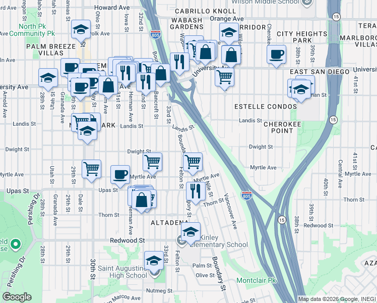 map of restaurants, bars, coffee shops, grocery stores, and more near 3585 Felton Street in San Diego