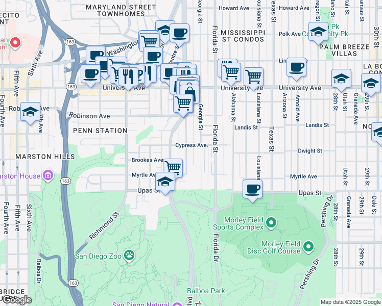 map of restaurants, bars, coffee shops, grocery stores, and more near 3604 Crestwood Place in San Diego